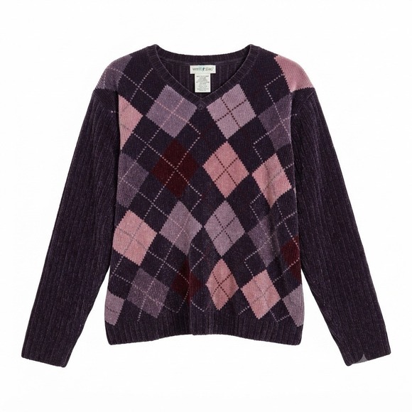 White Stag Sweaters - White Stag Vintage Y2K Women's XL Chenille Argyle V Neck Sweater Deep Purple